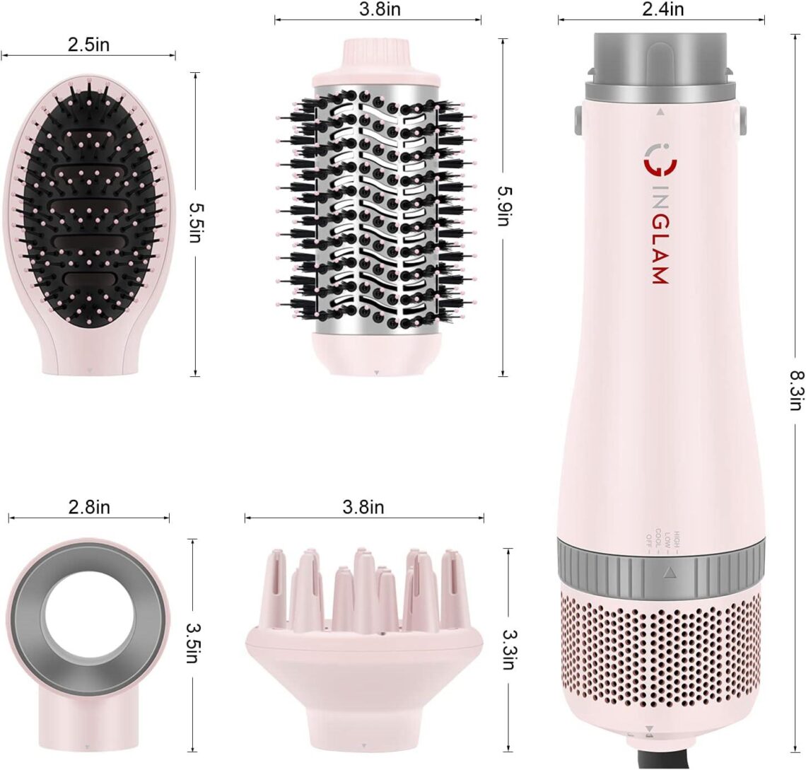 Best Hair Styling Tools – IG INGLAM 4 in 1 Blowout Hair Dryer Brush Set – Negative Ion Detachable Hair Dryer, Volumizer Styler with 2 Brush Heads, Pink Review
