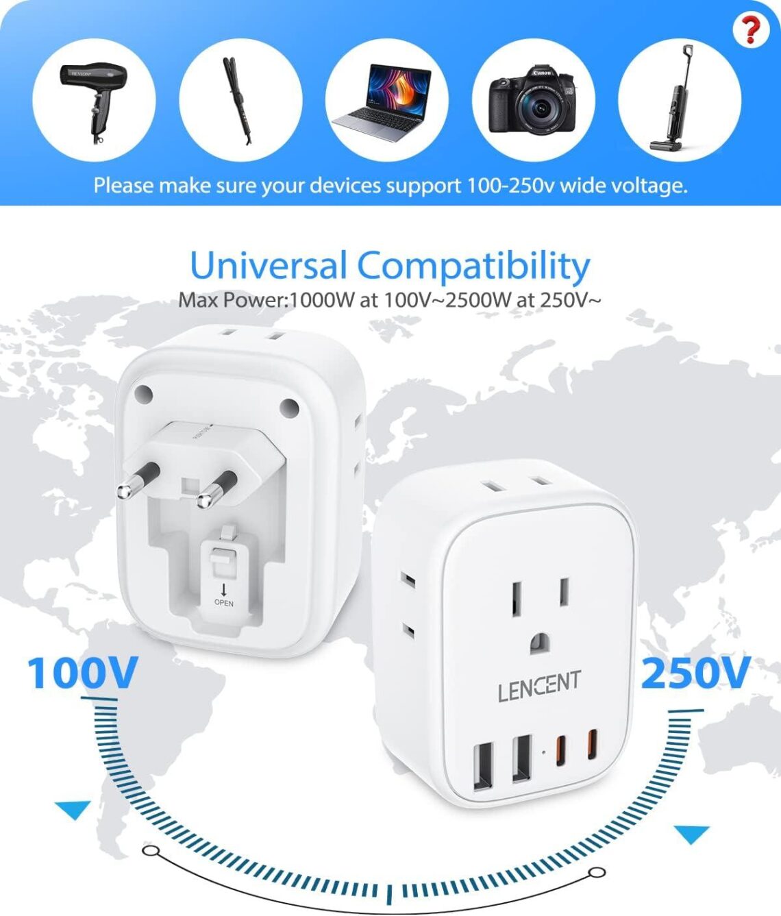 Best Travel Power Adapter – European Plug Converter, LENCENT US to EU with 4 Outlets & 4 USB Ports Review