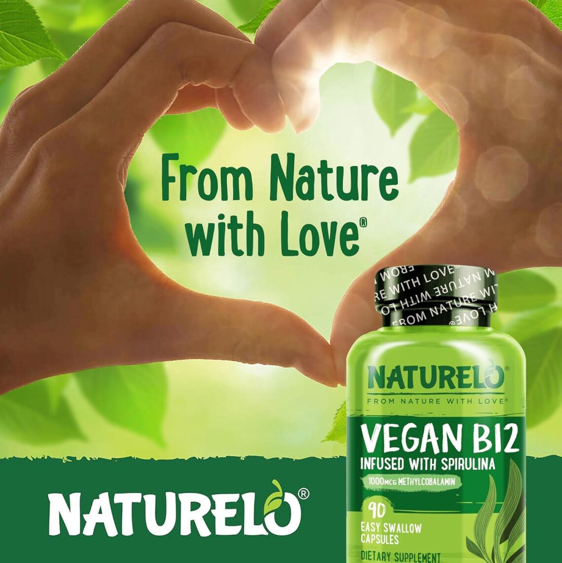 Best Vitamin B12 Supplement – NATURELO Vegan B12 with Spirulina – Supports Energy & Heart Health – 90 Capsules